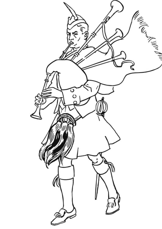 Coloring page Bagpipe player in Scottish costume
