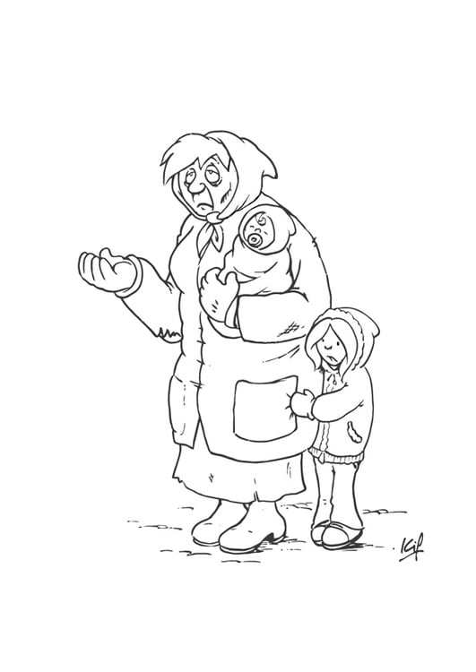 Coloring page beggar with child