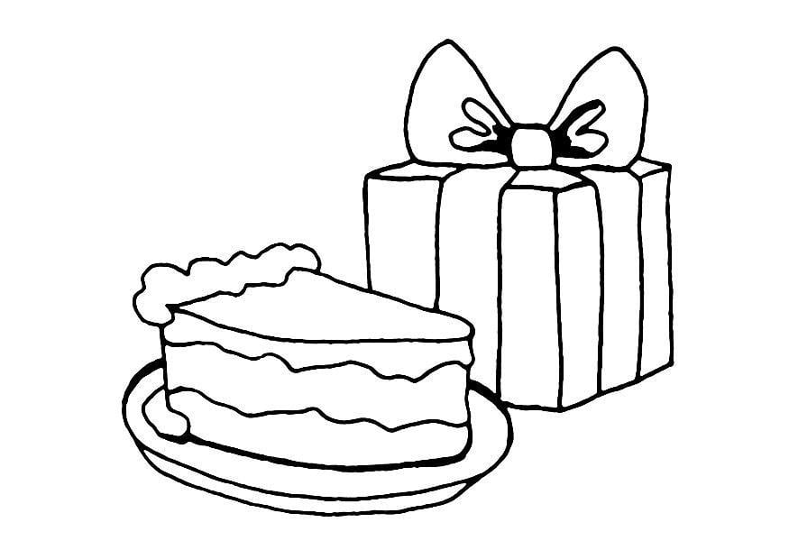Coloring page birthday cake and present