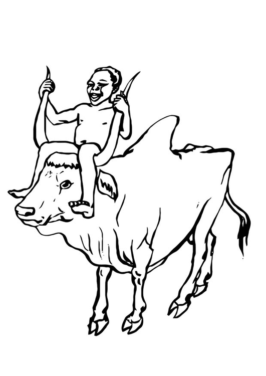Coloring page boy on cow