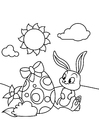Coloring pages Easter bunny with easter egg in the garden