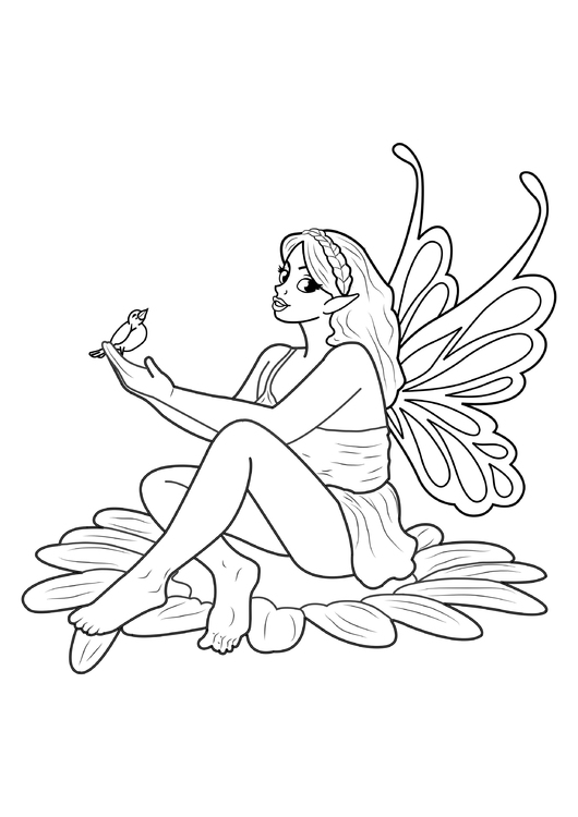 Coloring page fairy with bird