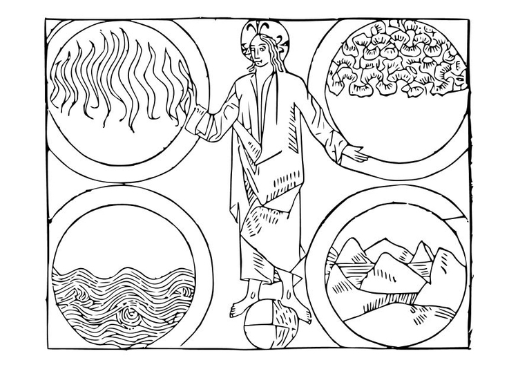 Coloring page God and the 4 elements