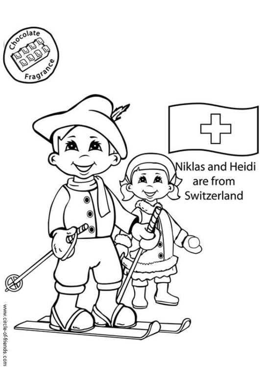 Coloring page Niklas and Heidi from Switzerland