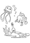 Coloring pages octopus and fish with bottle