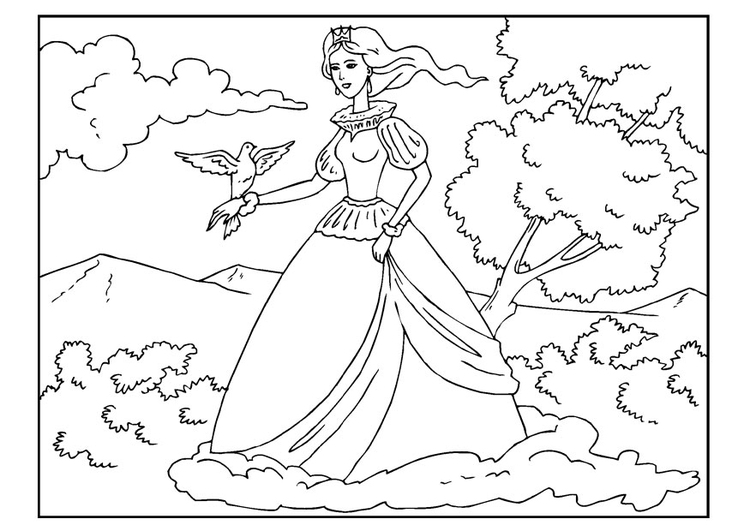 Coloring page princess with dove