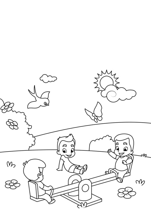 Coloring page spring, on the swing