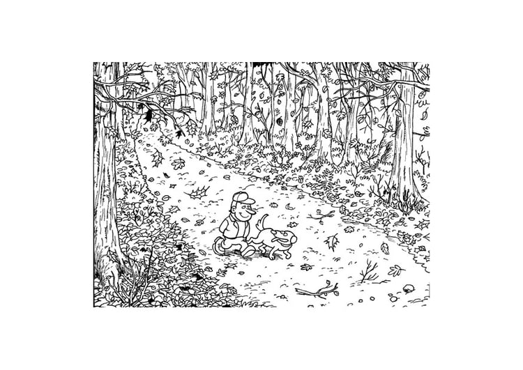 Coloring page walking through autumn leaves
