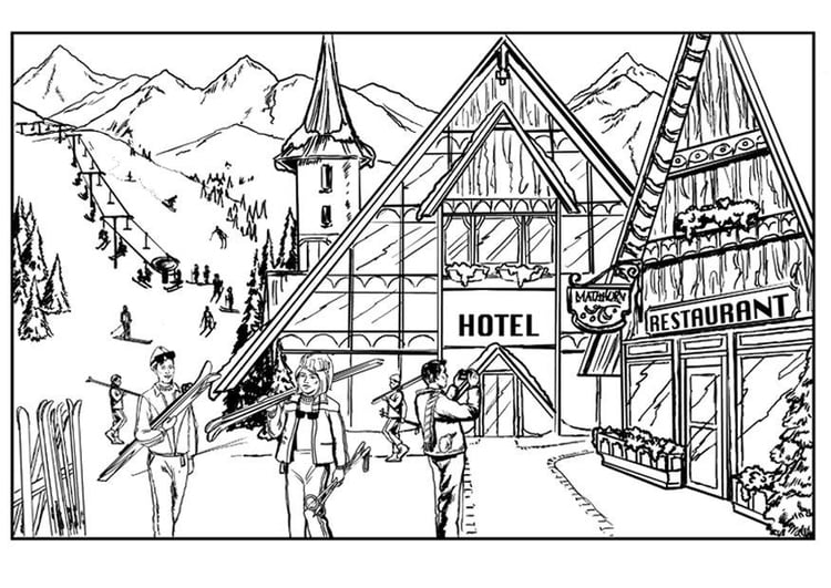 Coloring page winter - skiing