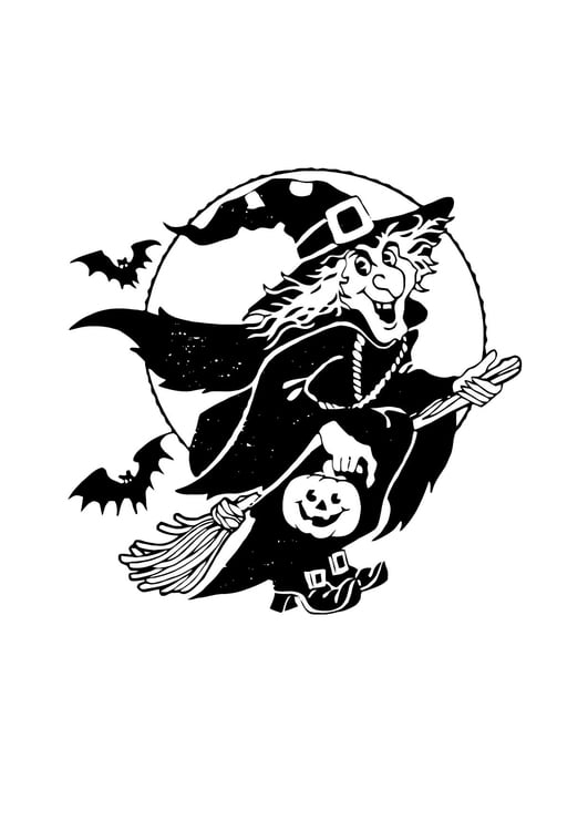 Coloring page witch on a broomstick