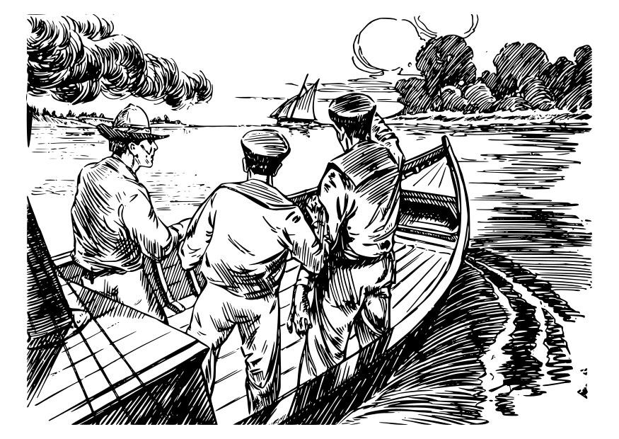 Coloring page 3 men in a boat