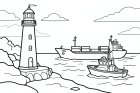 a lighthouse in the harbor with ships at sea