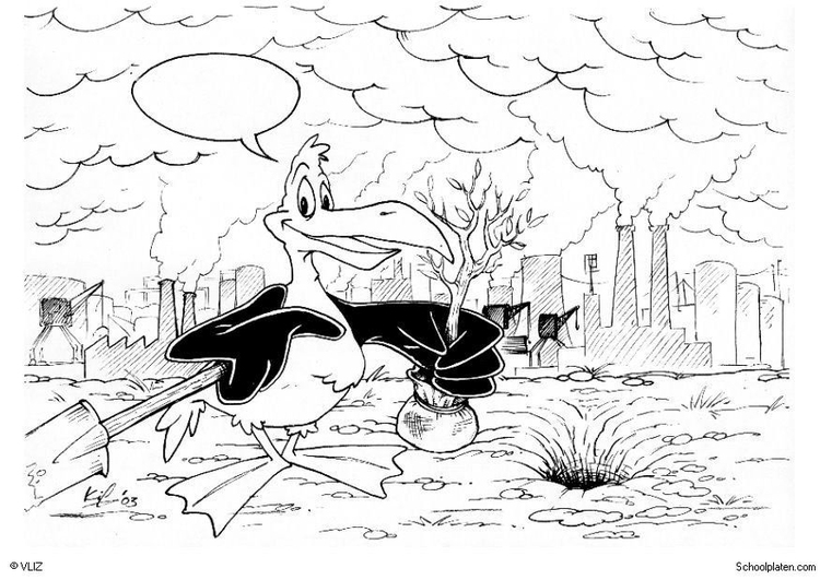 Coloring page bird planting trees