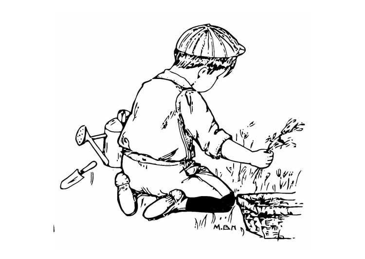Coloring page boy in the garden