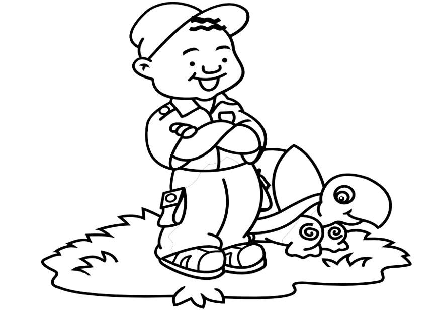 Coloring page boy with turtle
