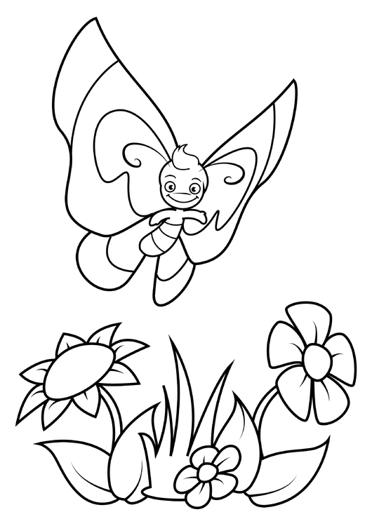 Coloring page butterfly above flowers