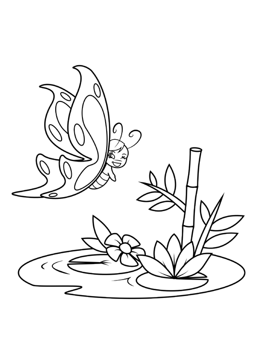 Coloring page butterfly above water