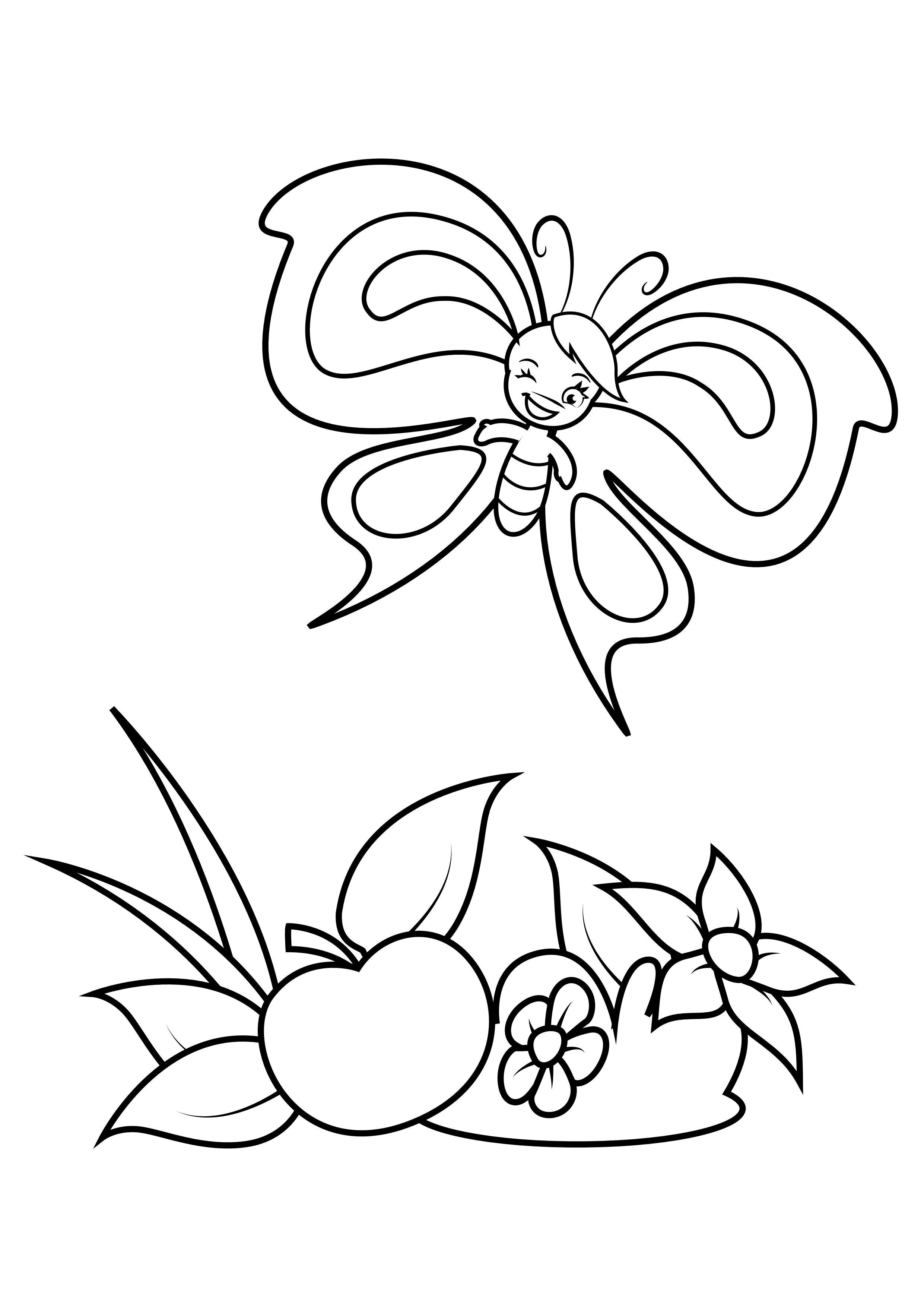 Coloring page butterfly sees an apple