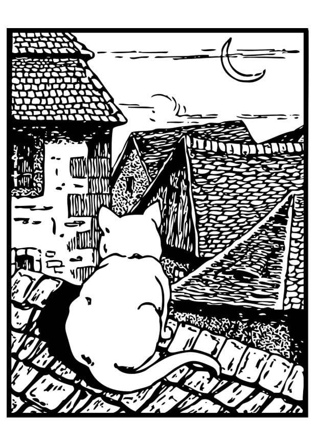 Coloring page cat on the roof