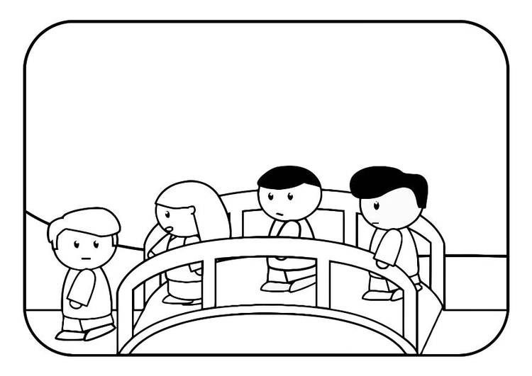 Coloring page children on bridge