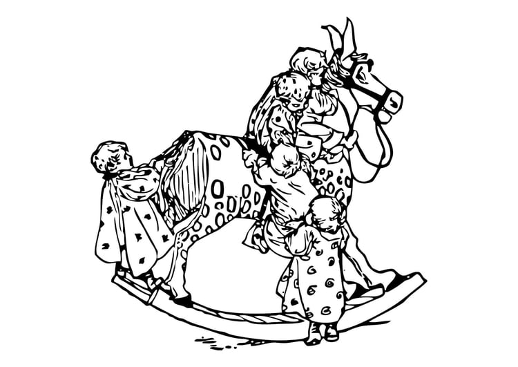 Coloring page children on rocking horse
