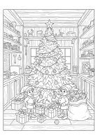 Coloring page christmas elves at the christmas tree