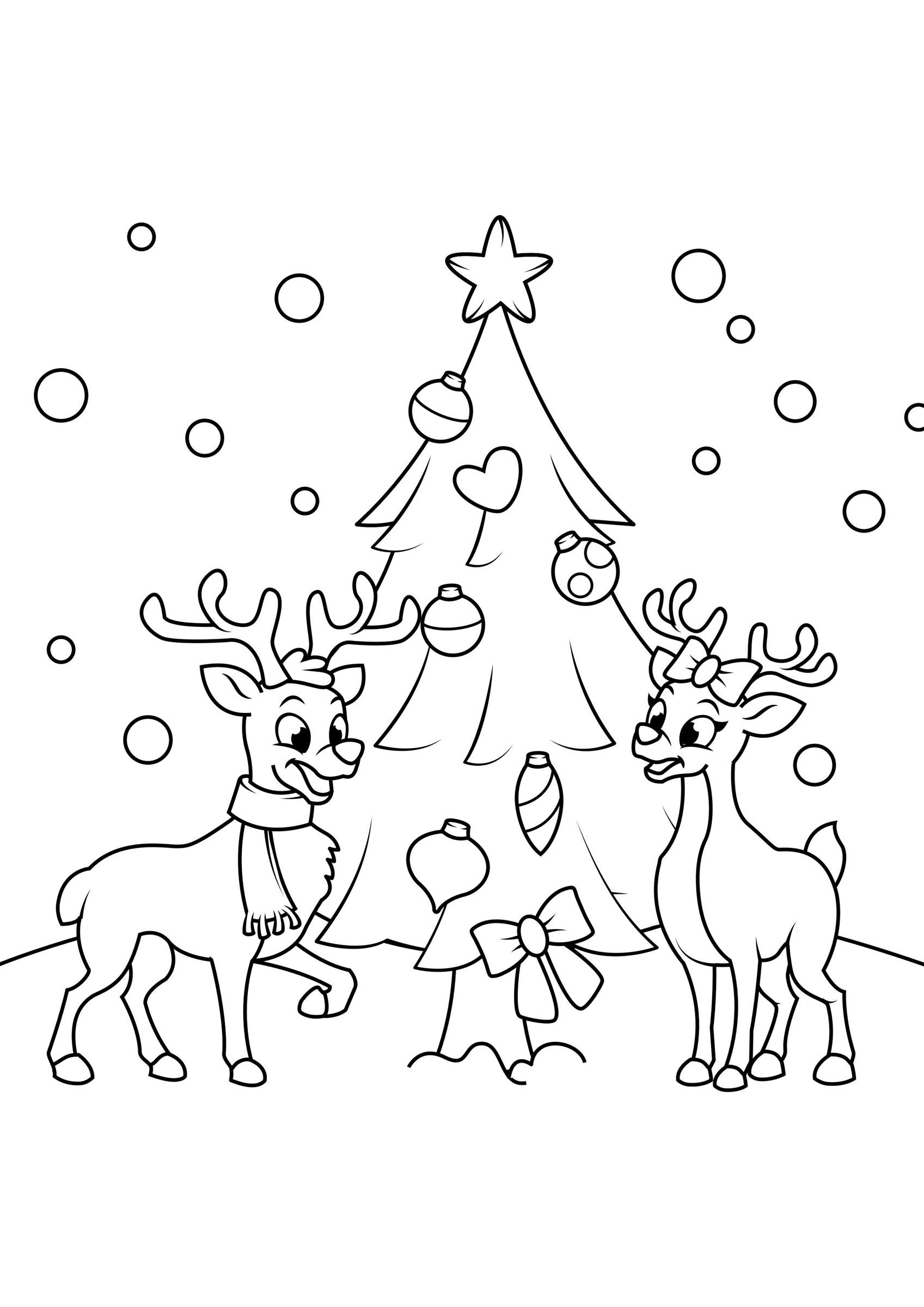 Coloring page Christmas tree with reindeer