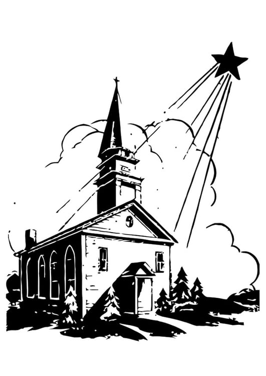 Coloring page church with christmas star