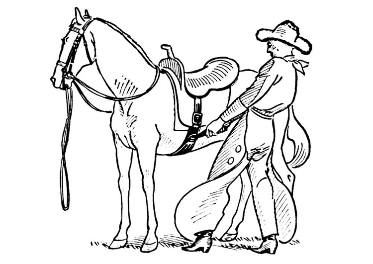 Coloring page cowboy saddles horse