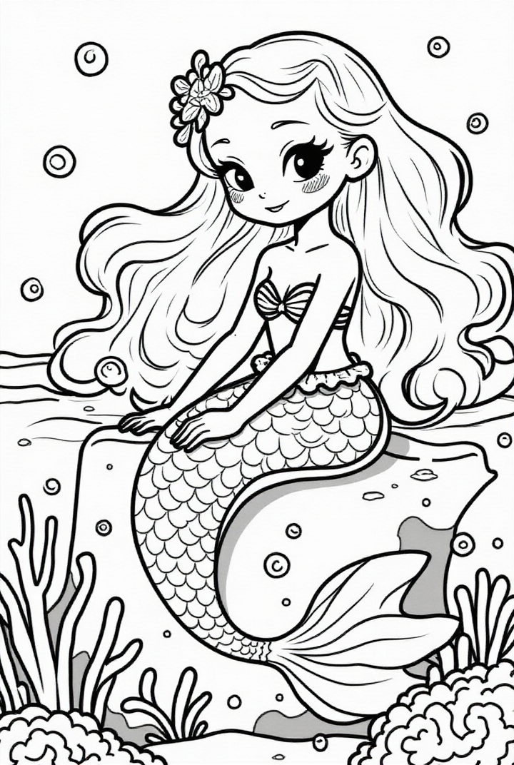 Coloring page cute mermaid in the sea