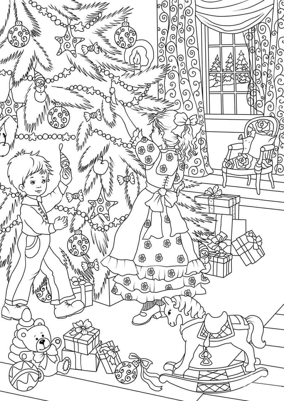 Coloring page decorate Christmas tree