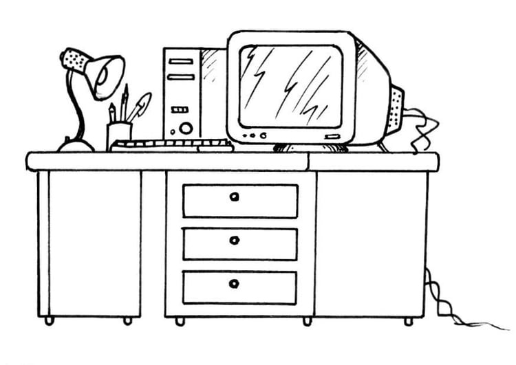 Coloring page desk and computer