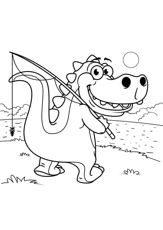 Coloring page Dinosaur goes fishing
