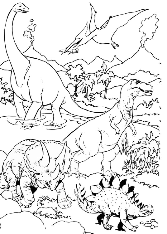 Coloring page Dinosaurs in landscape