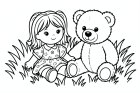 doll and bear in the grass