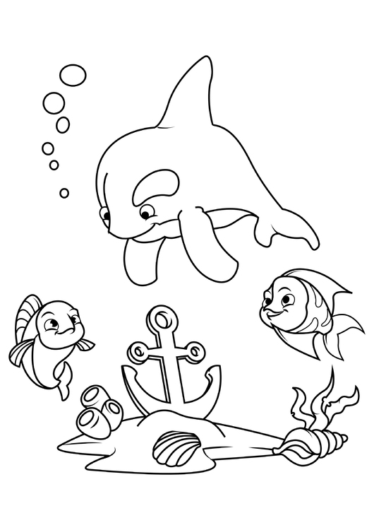 Coloring page dolphin and fish with anchor