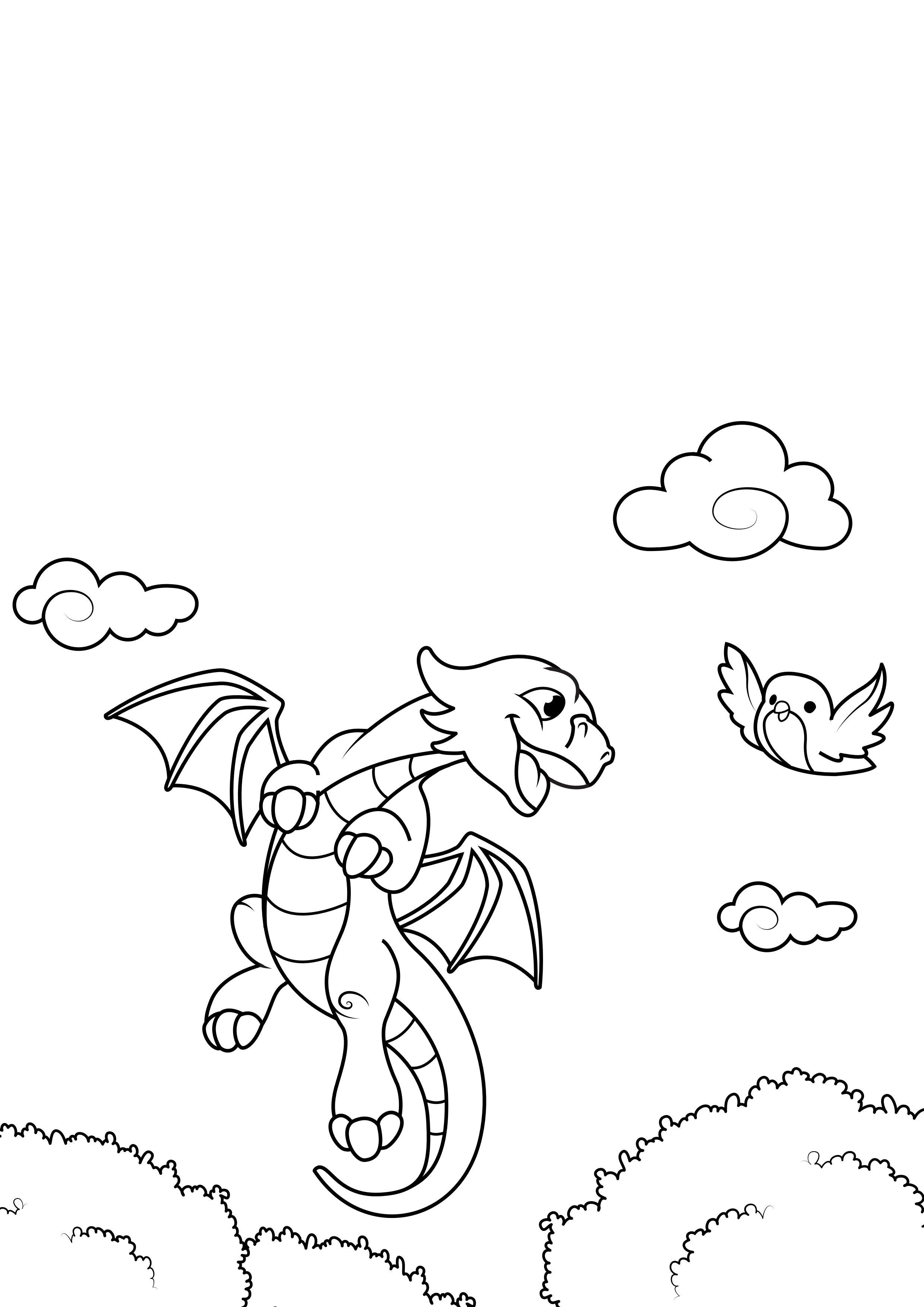 Coloring page dragon flies with bird