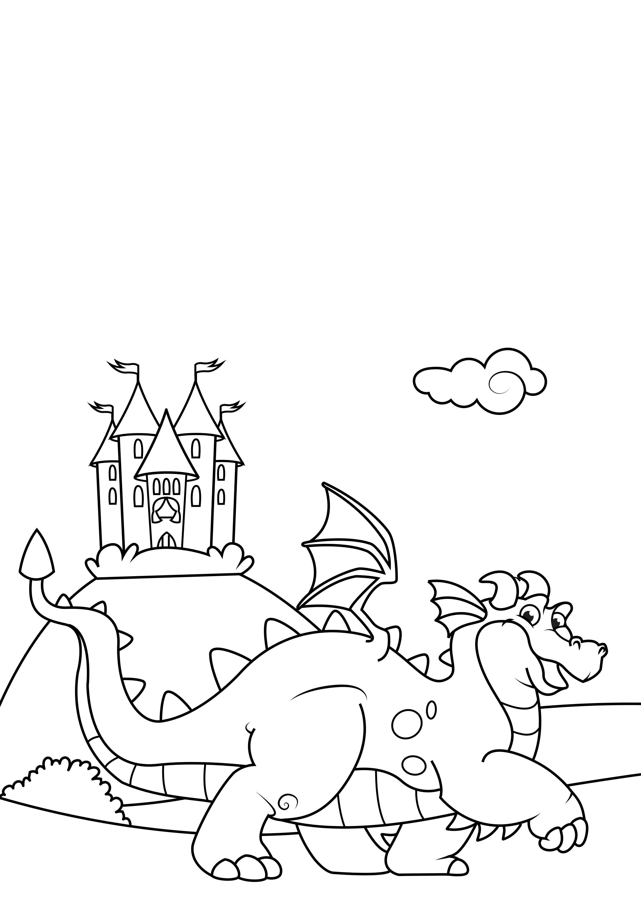 Coloring page dragon in front of castle
