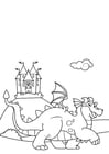 Coloring page dragon in front of castle