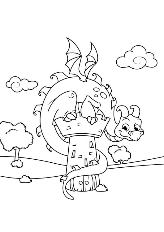 Coloring page dragon on tower