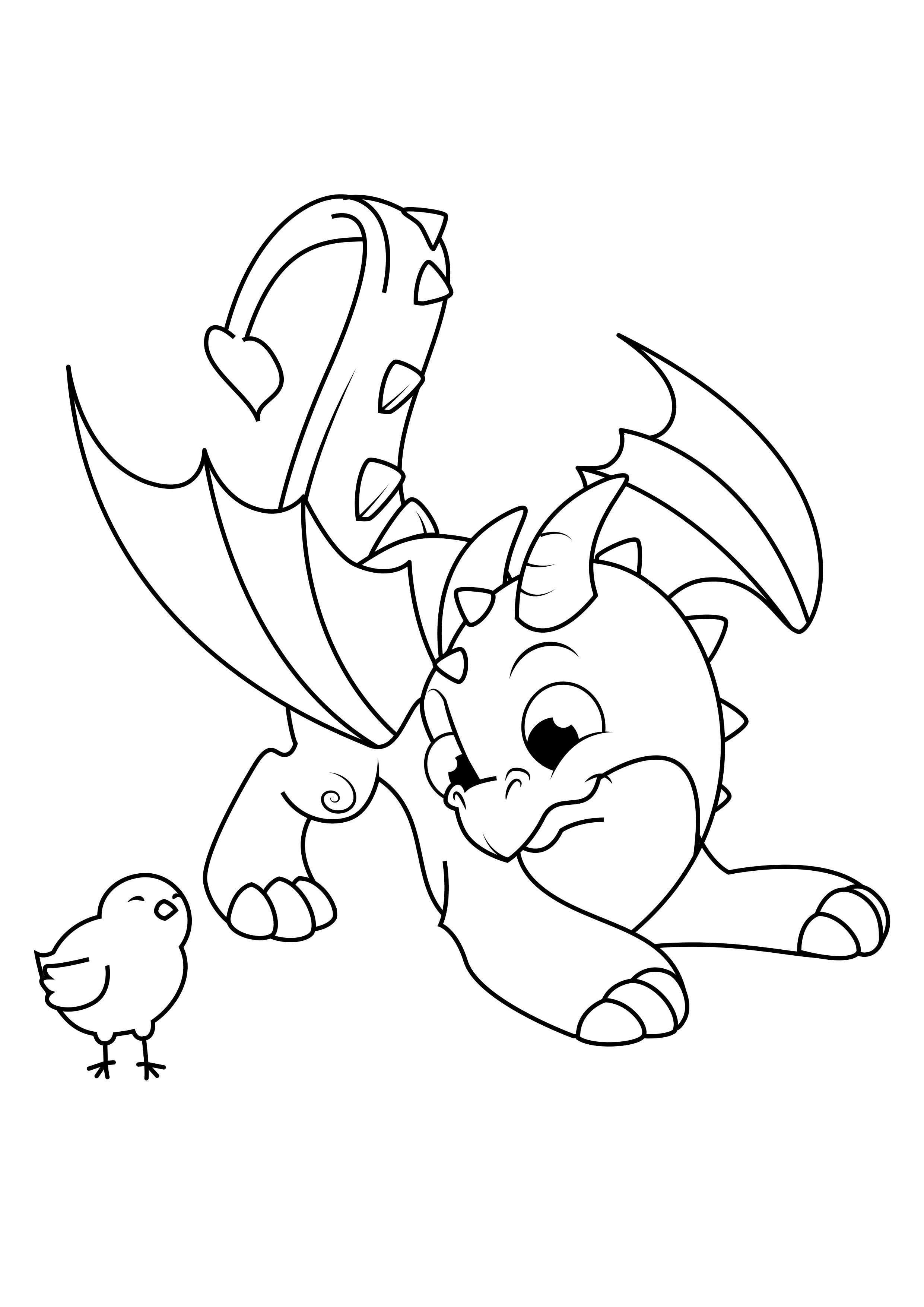 Coloring page dragon plays with chick