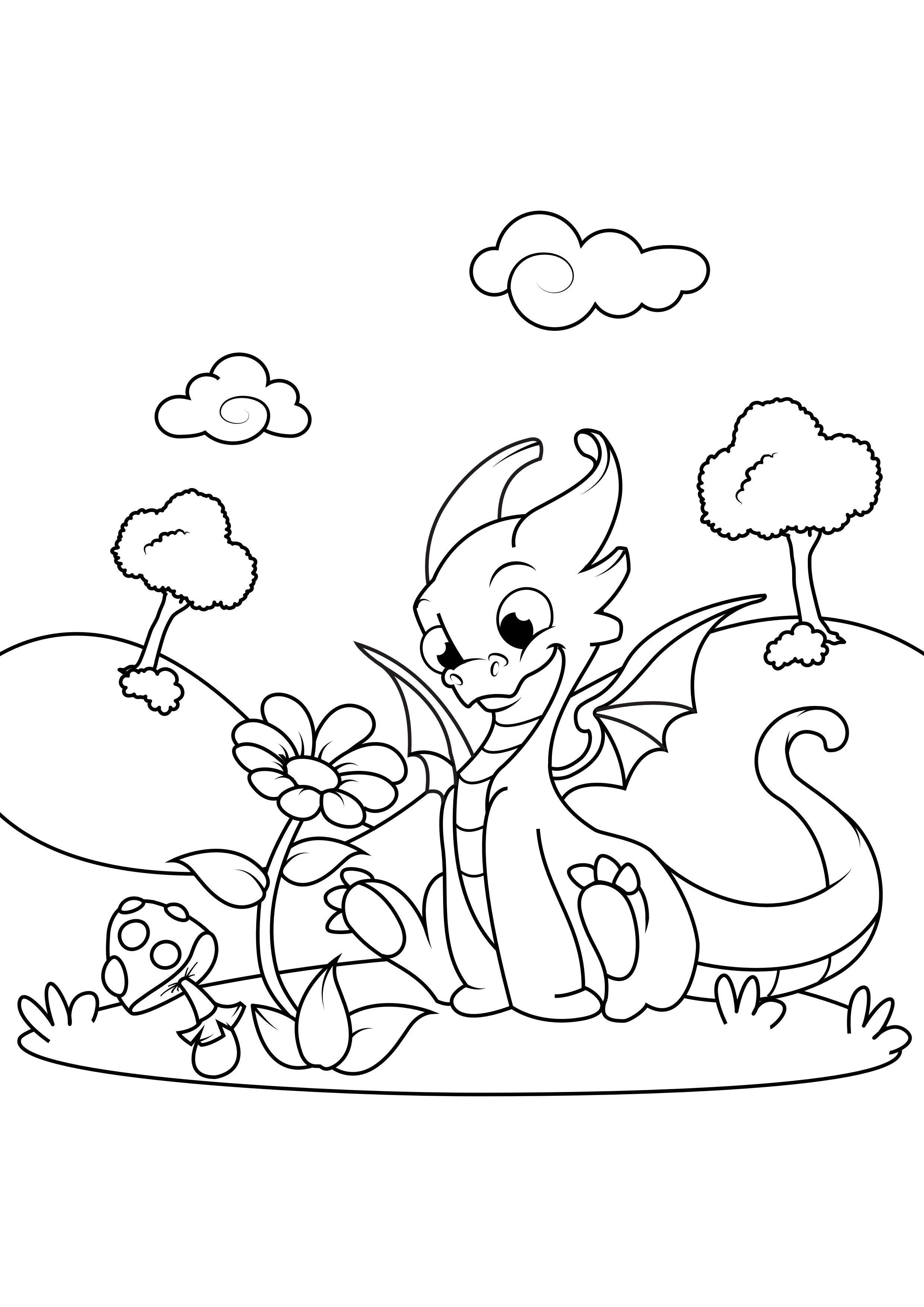 Coloring page dragon with flower
