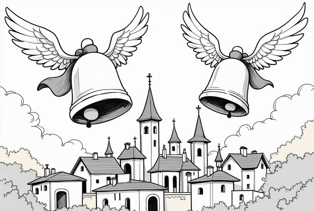 Coloring page easter bells above village