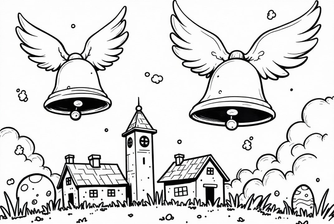 Coloring page Easter bells fly above the village