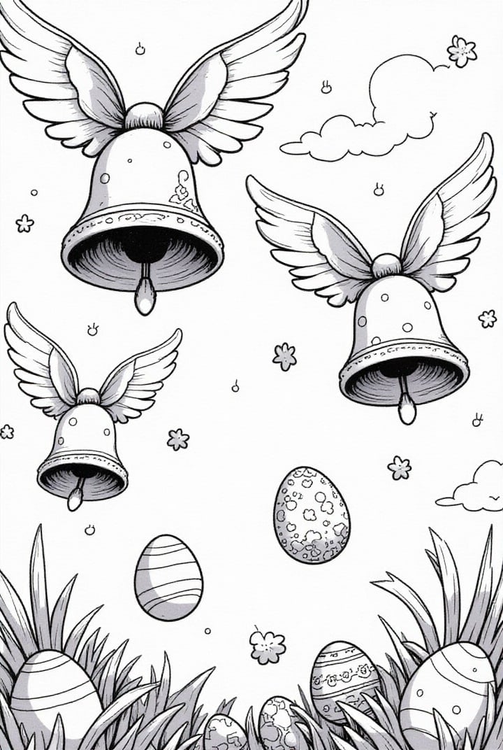 Coloring page easter bells scatter eggs