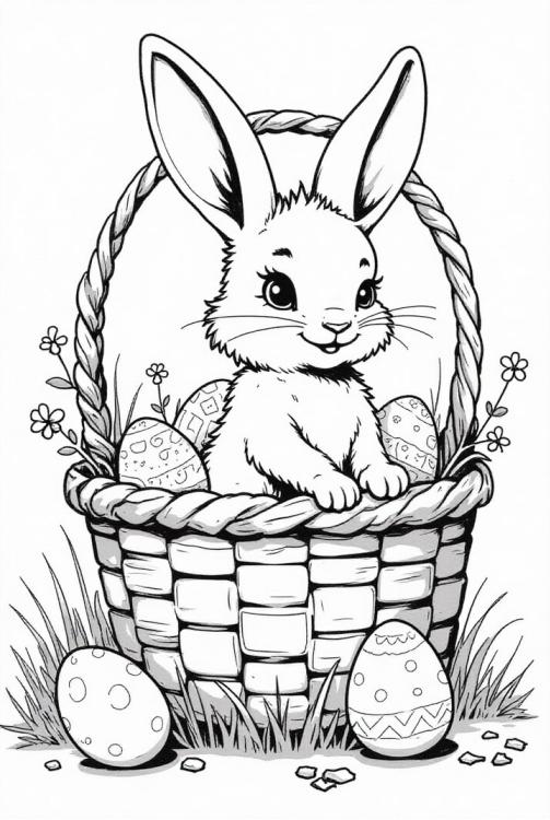 easter bunny in easter basket with eggs