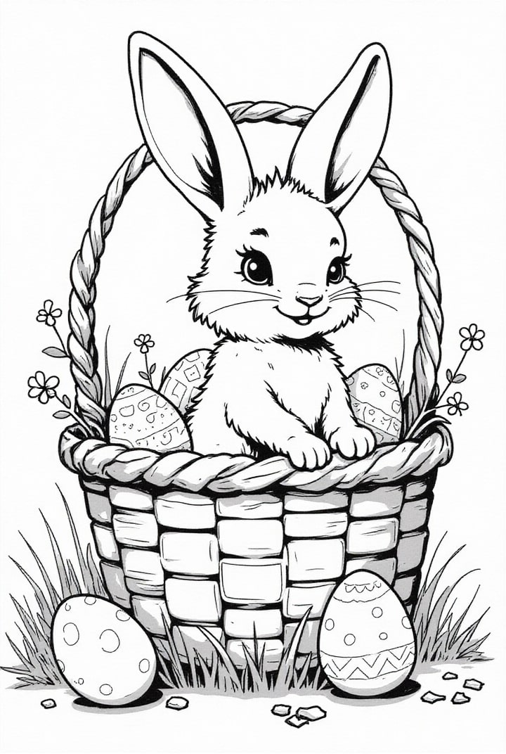 easter bunny in easter basket with eggs