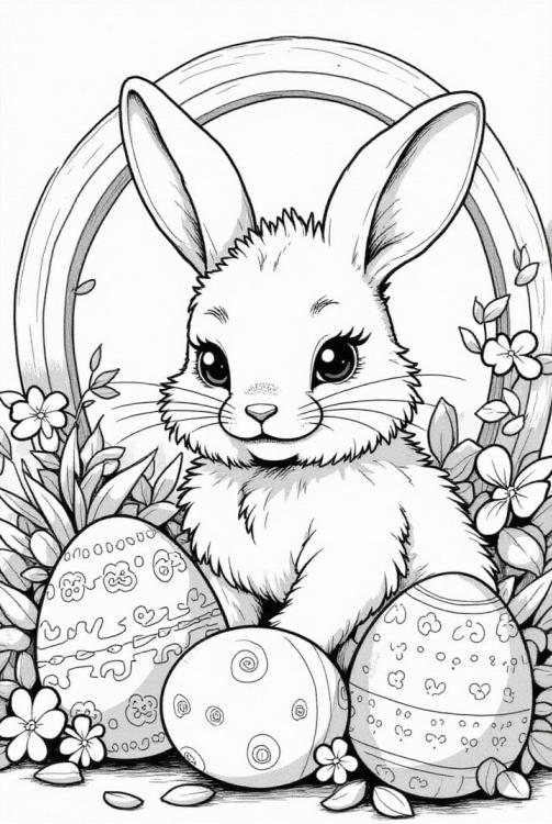 easter bunny in the garden with easter eggs