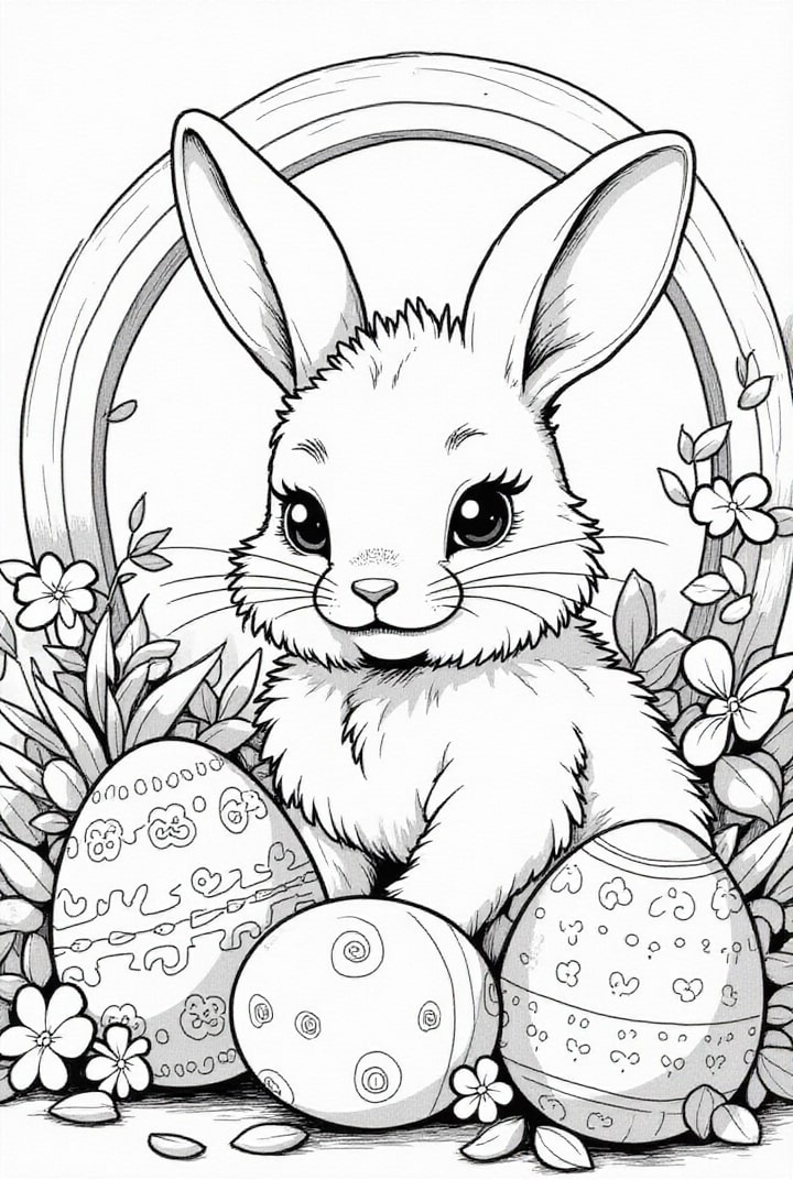 easter bunny in the garden with easter eggs