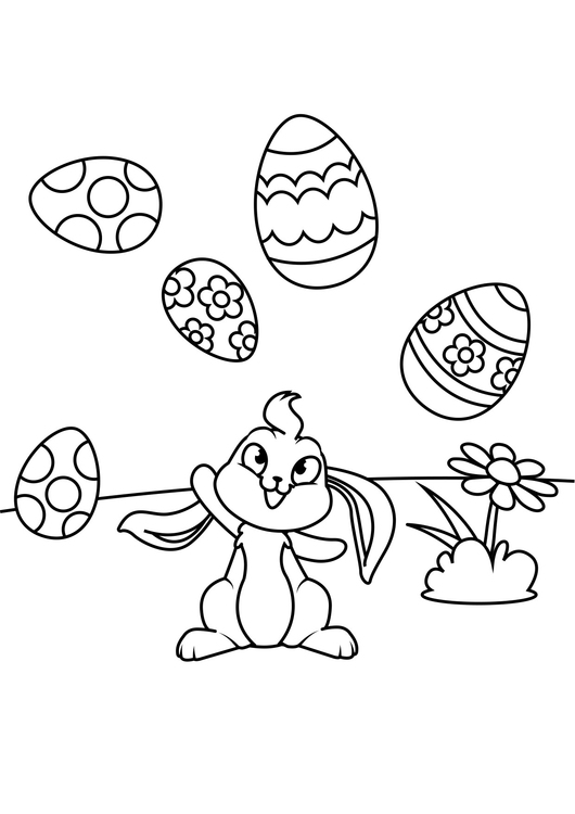 Coloring page Easter bunny plays with Easter eggs